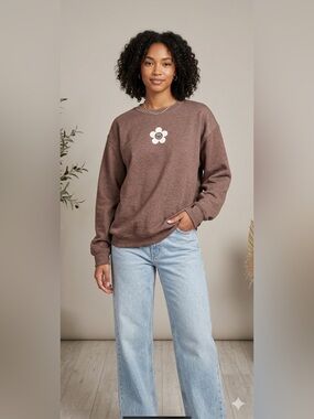 PS / LA Los Angeles Brown Smiley Flower Graphic Sweatshirt Womens Medium Cocoa